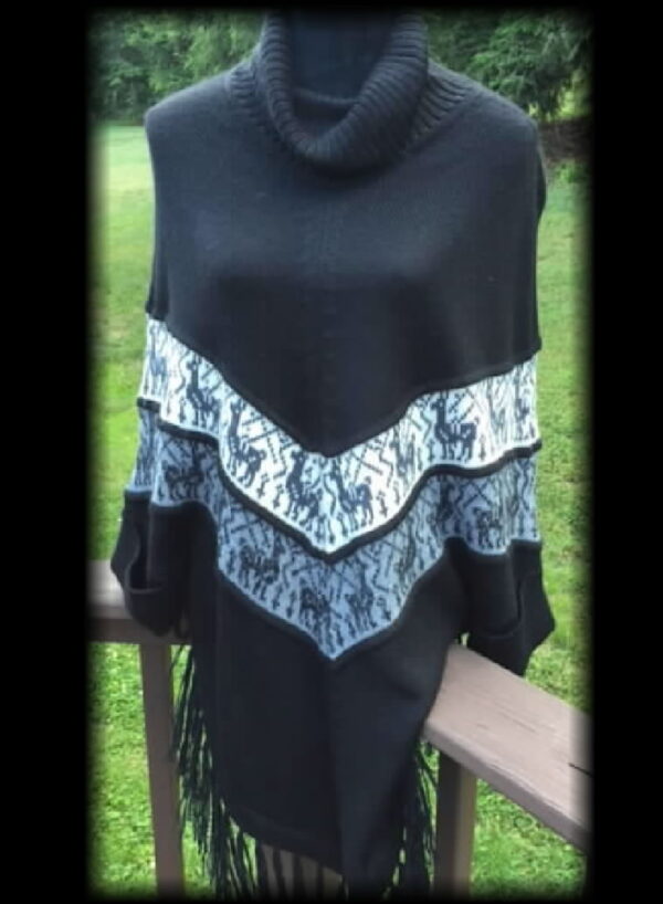 Poncho Style Name: Willow, knit with Alpaca Print details, and sleeves
