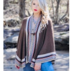 Style Name: Christin Cape Alpaca knit with detailed boarder print, wood closer 60% Alpaca / 40% Acrylic