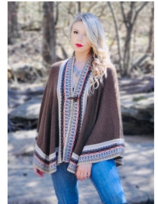 Style Name: Christin Cape Alpaca knit with detailed boarder print, wood closer 60% Alpaca / 40% Acrylic